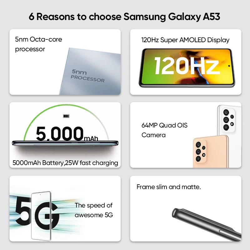 هاتف Galaxy A53 5G أندرويد الذكي ، الإصدار العالمي ، Exynos 1280 ثماني النواة ، 120Hz سوبر أموليد 500 ، في المخزن