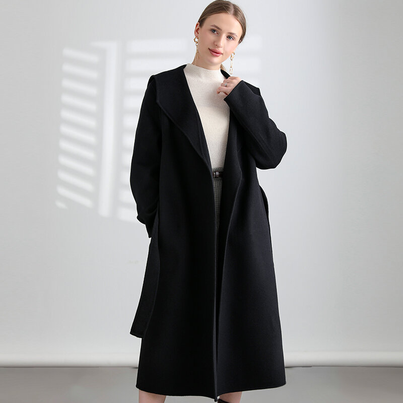 Casaco grosso de lã dupla face, casaco longo solto, 100% lã, coreano de alta qualidade, outono e inverno