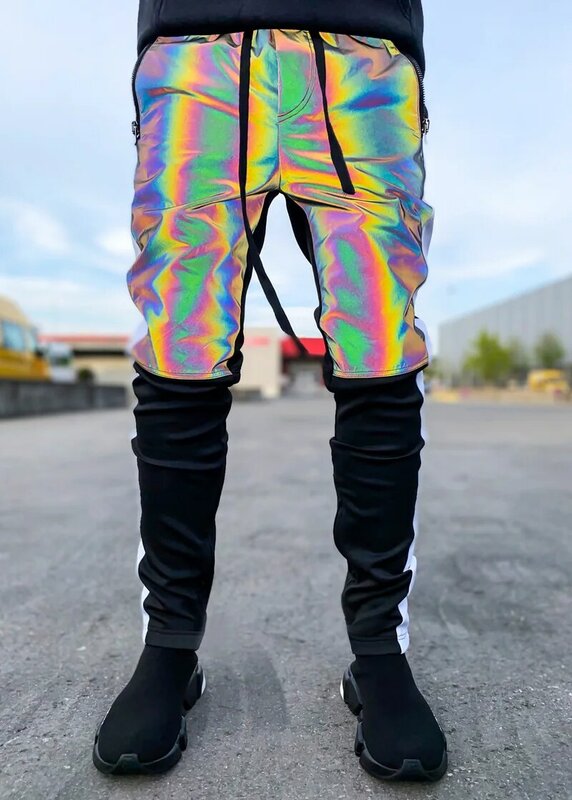 Pantalones reflectantes de colores para hombre y mujer, mallas informales de estilo hip hop, coloridas y a la moda, descuento popular, novedad