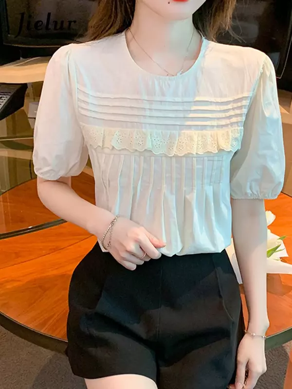 Jielur Summer New French Solid Color Women Blouse Sweet Elegant Loose Slim Chicly Blouse Woman Apricot SlimO-Neck Top Female