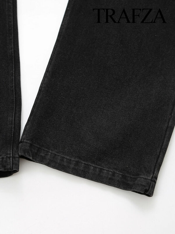 TRAFZA Fashion Black Denim Pants Set For Women Wide Leg High Waist Straight Trousers+Metal Straps Long Sleeves Coats 2024 Spring