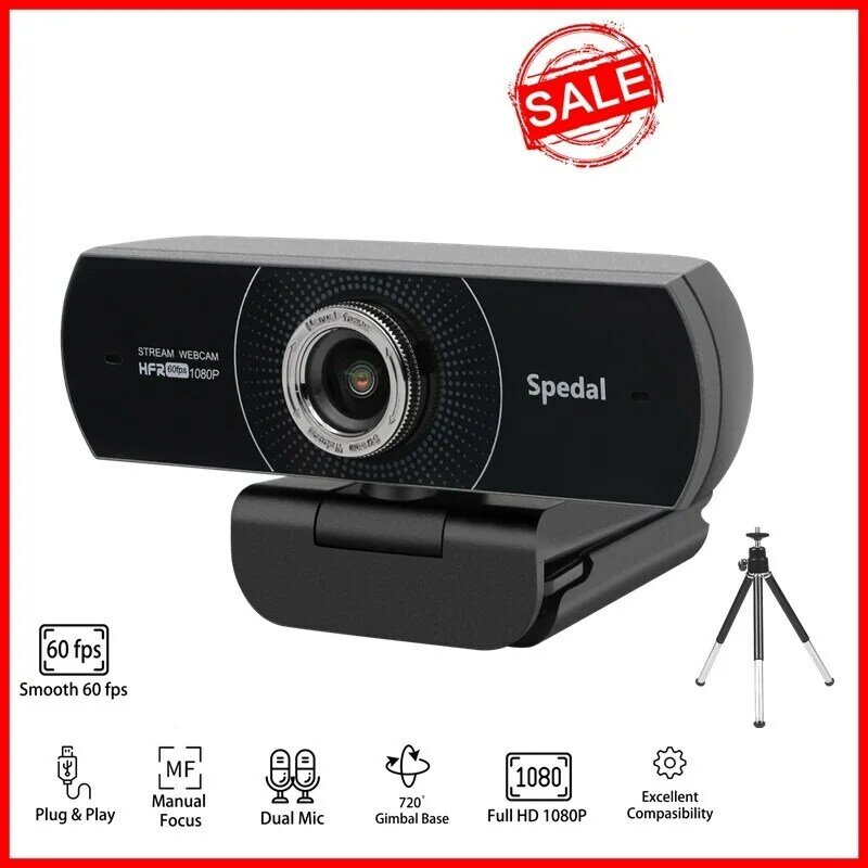 MF934T Webcam HD 1080P 60fps USB dengan mikrofon, kamera Web untuk PC Twitch Skype OBS konferensi uap dengan Tripod