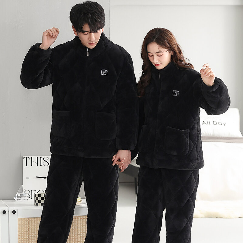 Winter new 3 layer quilted cotton pajama set casual couple pyjamas with thick warm home decoration