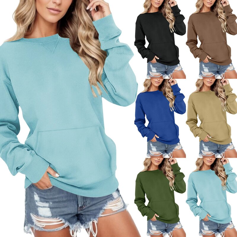 Sweater Pullover Wanita leher O, Sweater Fit Pullover lengan panjang untuk olahraga longgar warna Solid dengan saku