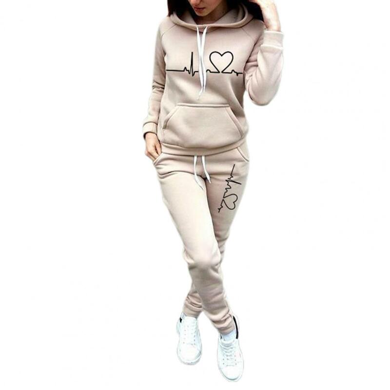 2 Pcs/Set Lady Tracksuit Heart Print Thick Warm Breathable Solid Color Hoodie Suit for Daily Wear