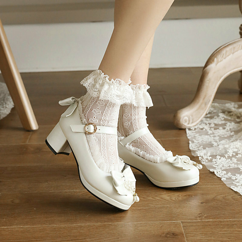 Girls High Heels Women Pumps Lolita Shoes Girls Mary Jane Shoes Sweet Beading Ruffles Bow Thick Heel Ladies Party Shoes 30-43