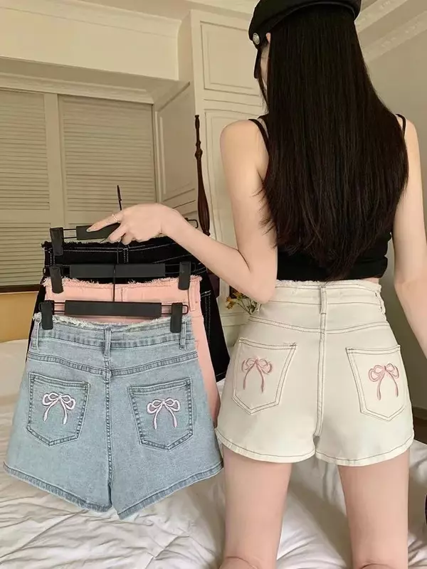 Korean High Waist Summer Butterfly Embroidery Craft Denim Shorts for women, Sweet Style Butt Lift, Elastic Slimming Hot Pants
