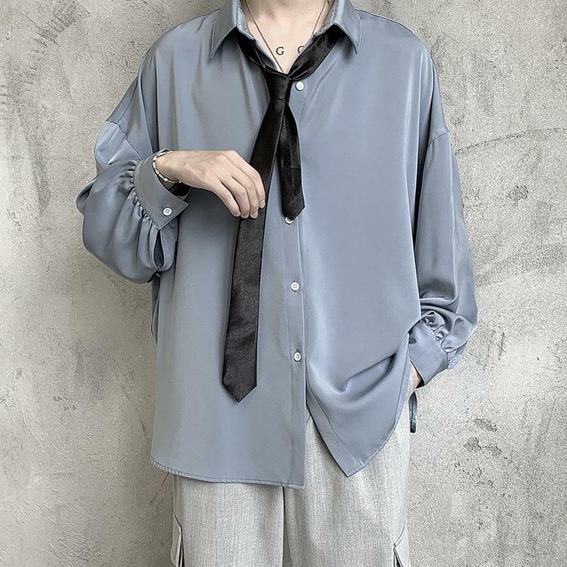 남성용 블랙 긴팔 셔츠, 편안한 한국 블라우스, 캐주얼 느슨한 싱글 브레스트 셔츠, 넥타이 포함