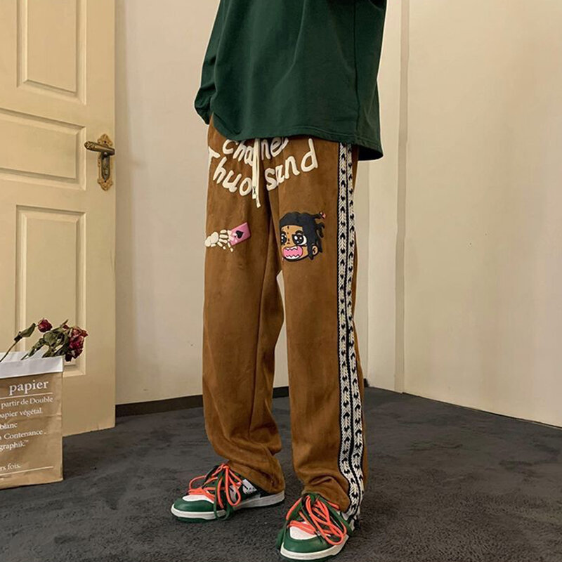 Celana Panjang Lurus Gambar Grafiti Trendi Pria Celana Olahraga Kasual Hiphop Jalanan Amerika Baru 2023 Celana Lebar Longgar Ukuran Besar