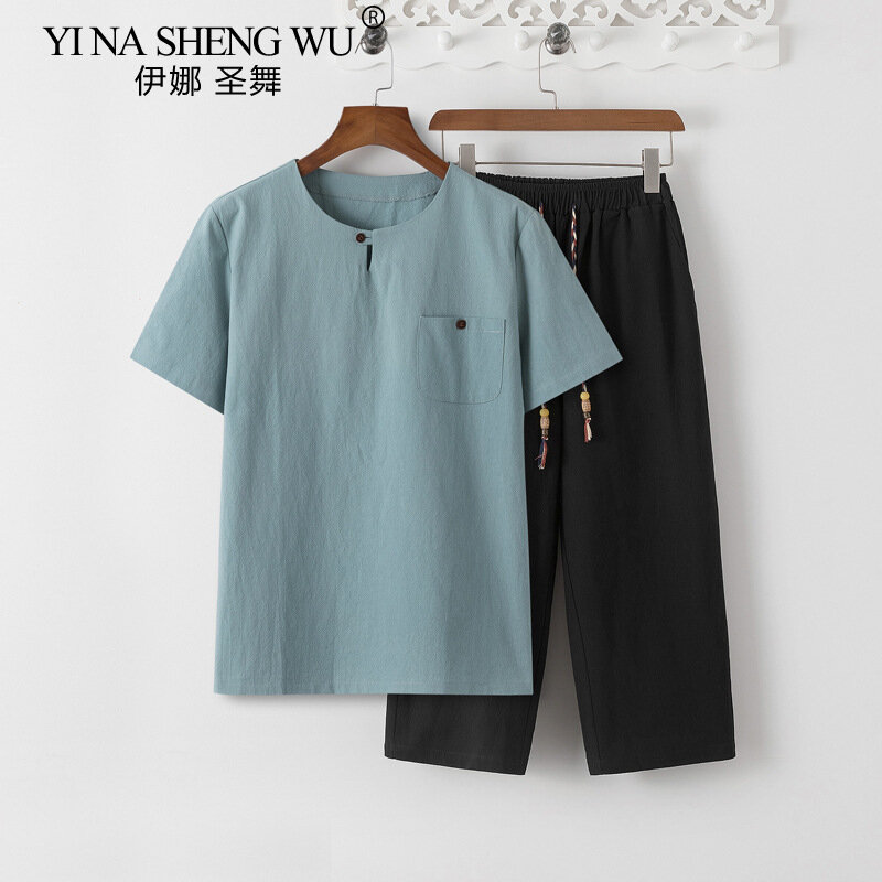 Setelan baju Hanfu untuk pria, pakaian Retro gaya Tiongkok, setelan katun Linen tambal sulam, ukuran Plus, pakaian pria warna Solid 5XL