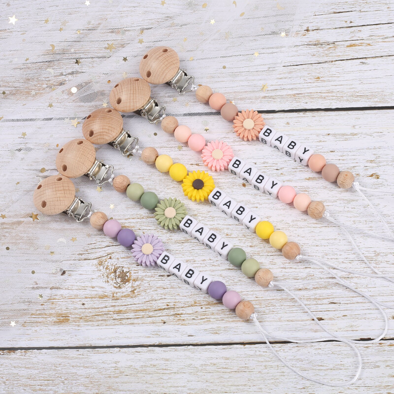 Baby Personalized Name Pacifier Chain Silicone Daisy Dummy Holder Chain For Handmade Wooden Baby Nipple Clips Nursing Chew Toys