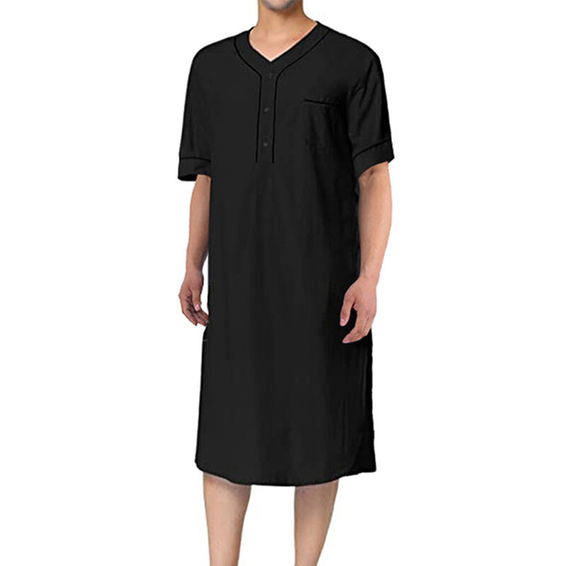 Men Muslim Clothing Short Sleeve Jubba Saudi Arab Long Kaftan Thobe Loose Robe Solid Breathable Underwear Casual Homewear