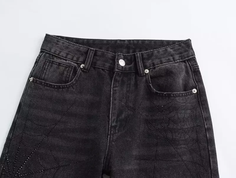 Kobiety 2023 nowa moda jasny koralik dekoracja na co dzień dżinsy z szeroką nogawką Vintage średnio wysoka talia boczne kieszenie damski spodnie dżinsowe Mujer