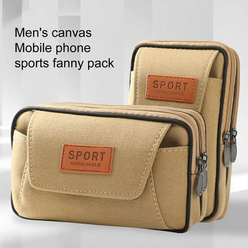 Multi-Pocket Canvas Fanny Pack, Saco liso da cintura do zíper, Saco de armazenamento do telefone móvel