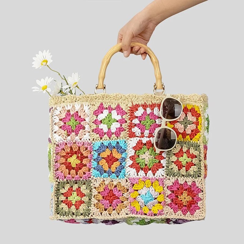 Женская плетеная бамбуковая сумка, контрастная тканая Ретро сумка через плечо для отпуска