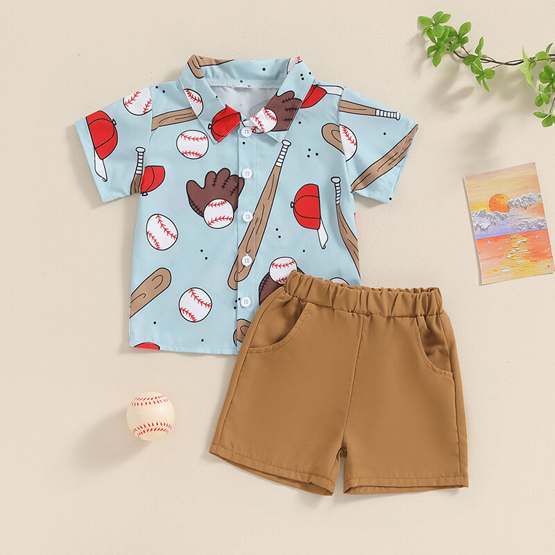 Baseball impressão mangas curtas botão de camisa e shorts conjunto, roupa formal, roupa de cavalheiro, criança menino, 6M-5Y, 2024-03-28