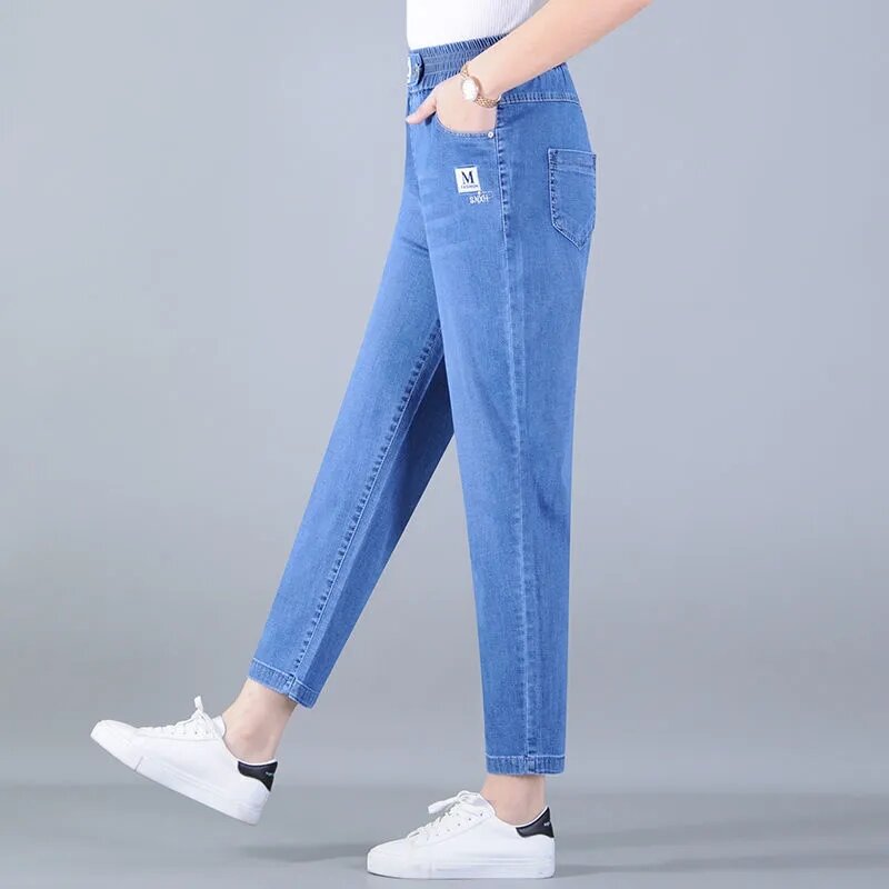 Jeans Ibu Wanita 2022 Celana Kaki Lebar Musim Panas Biru Baru Jeans Pinggang Elastis Fashion Pinggang Tinggi Celana Panjang Lurus Longgar Harajuku