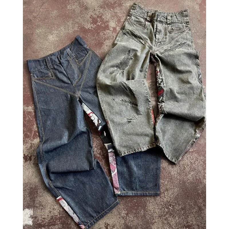 Nuovi Jeans retrò americani Y2K Streetwear pantaloni larghi in Denim con motivo personalizzato pantaloni a gamba larga a vita alta da uomo e da donna