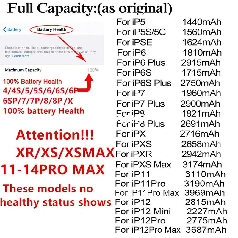 original phone Battery For Apple  6S 7 8plus X Xr Xs Max 11 12 Pro 13 14 plus Replacement Bateria For iphone SE SE2 batteries