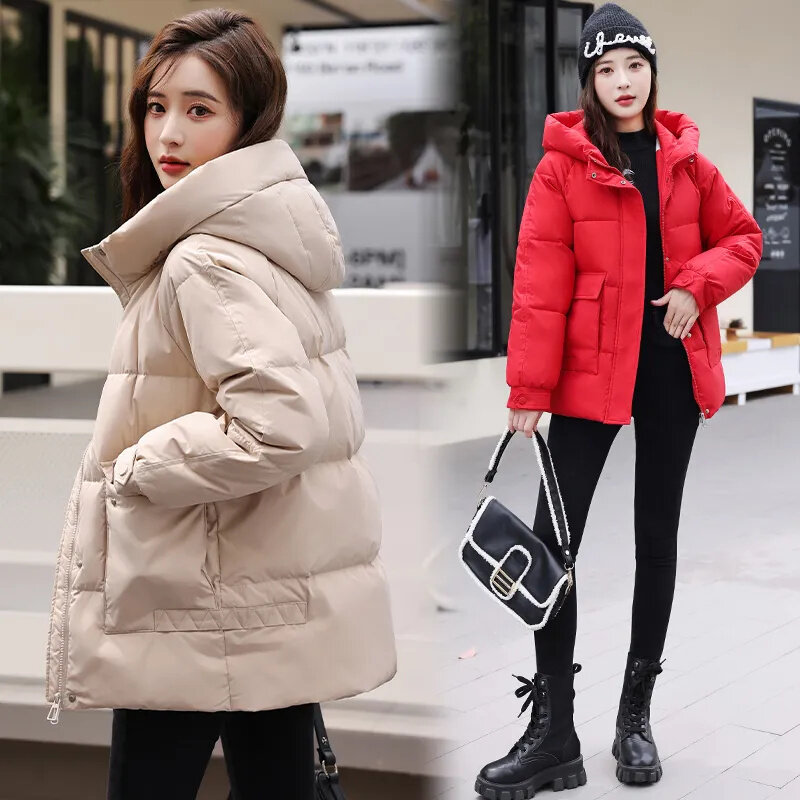 Зимняя хлопковая куртка для женщин, новинка, Свободное пальто с воротником-стойкой и капюшоном, модная однотонная верхняя одежда, утепленная парка, Женское пальто