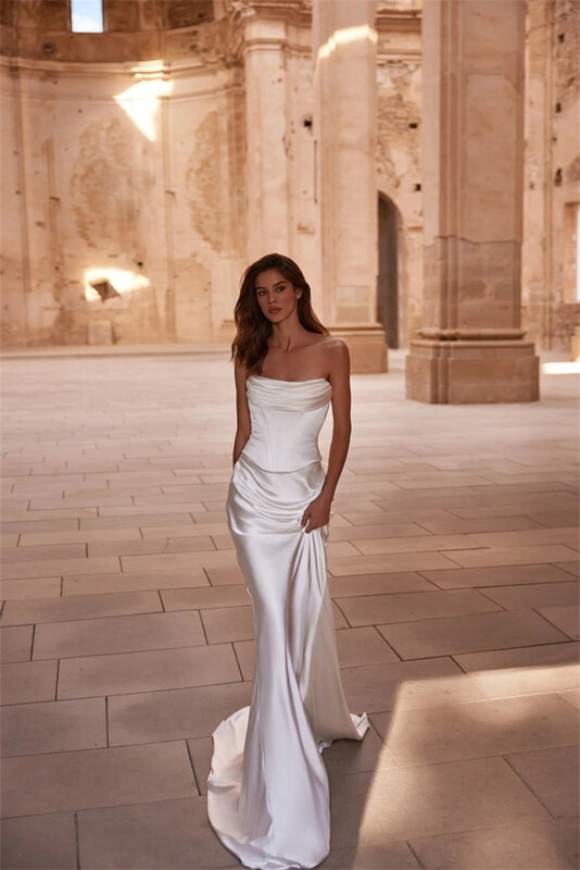 Robe de Mariée Sirène en Satin Blanc Simple pour Femme, Sans Bretelles, Longue, avec Traîne, Personnalisée