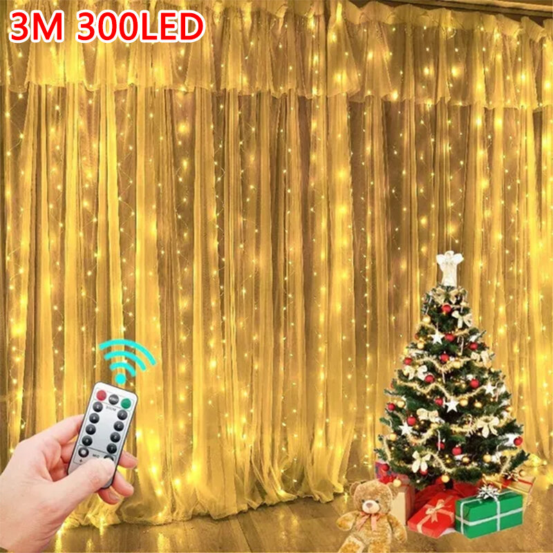 Lampu setrip LED USB 3M dekorasi peri, lampu untaian bunga tirai liburan 8 Mode untuk rumah taman pesta Natal Tahun Baru pernikahan