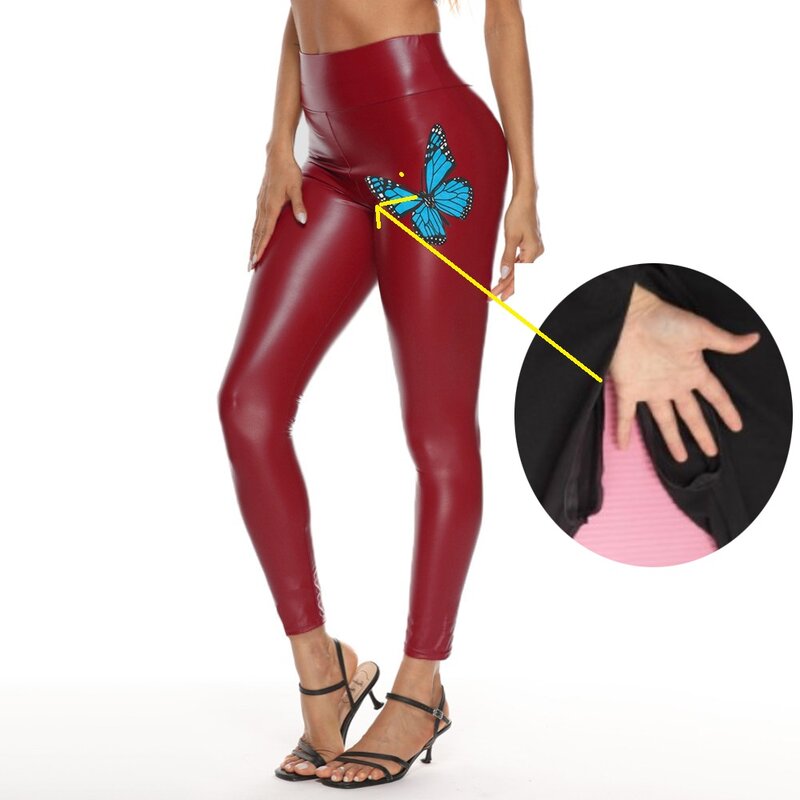 Novo invisível zíper aberto-virilha calças de couro do plutônio calças femininas impresso brilhante calças de couro lápis calças de cintura alta feminina