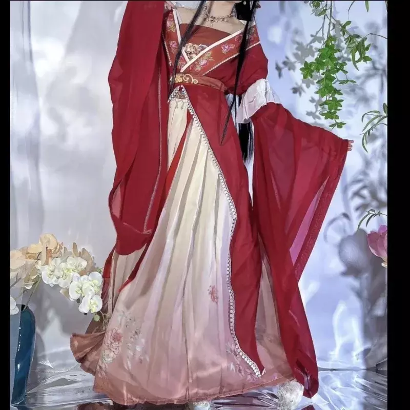 Retro Chiński Styl Czerwony Vestido Hanfu Sukienka Cosplay Kobiety Tradycyjny Nadruk Długa Spódnica 5-częściowy Zestaw Eleganckie Dziewczyny Spódnica Imprezowa Zestaw