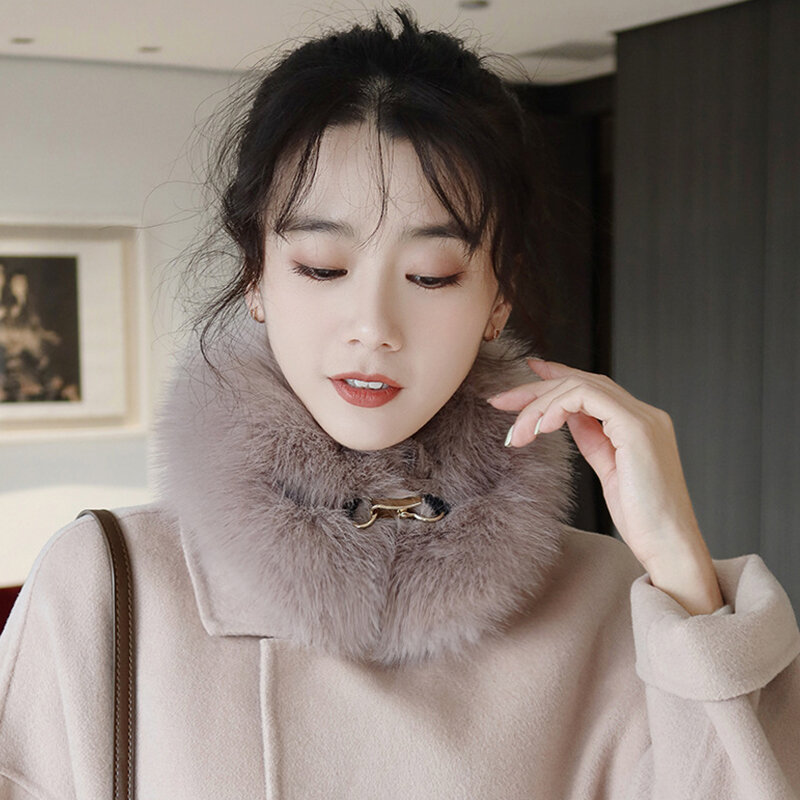 Women Faux Fur Fake Collar Pu Leather Buckle Neckerchief Scarf Solid Winter Warm Thicken Elegant Plush Soft Outdoor Accessories