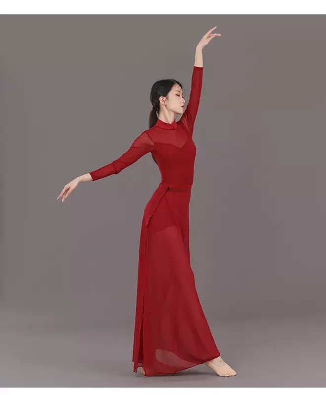 زي أداء الرقص الصيني ، شوكة كلاسيكية ، شيونغسام على الطراز العرقي ، فتحة جسم عالية الخصر ، ملابس ممارسة الرقص الحديثة