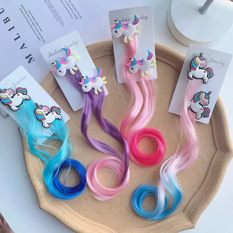 Children Unicorn Colorful Wig Hairpins Hair Accessories Kids Girls Hairclip Fake Hair Twist Braid Headdress Hair Clips Barrettes