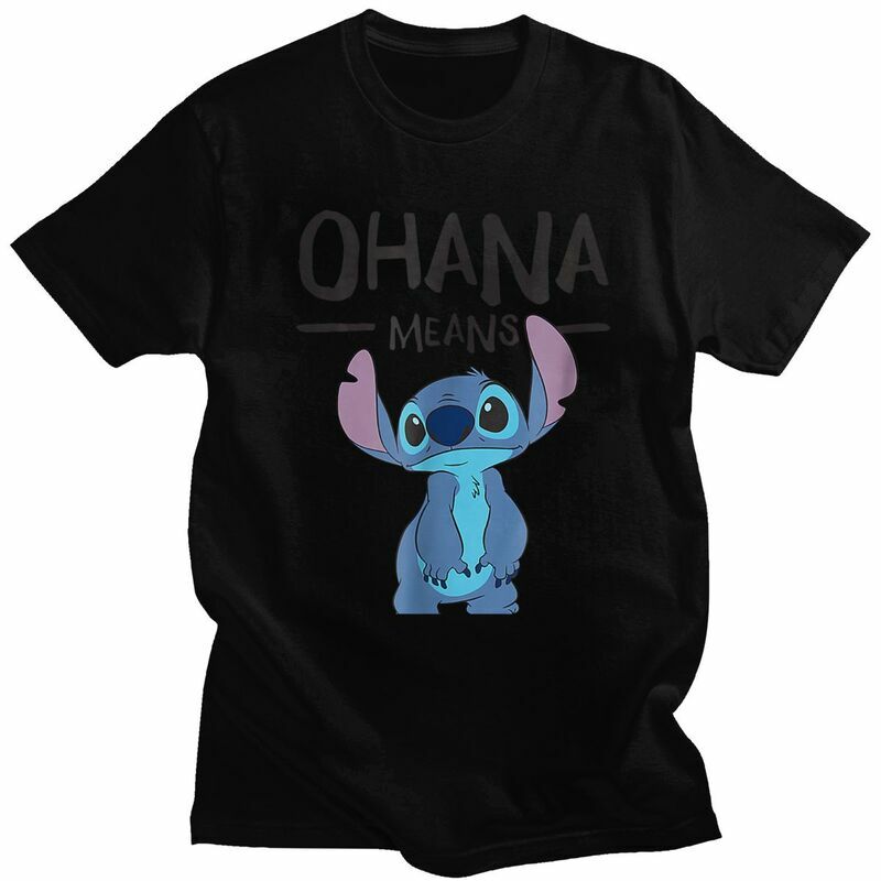Stitch Ohana Means camiseta de Anime para hombre, camiseta de manga corta de algodón suave, camiseta gráfica