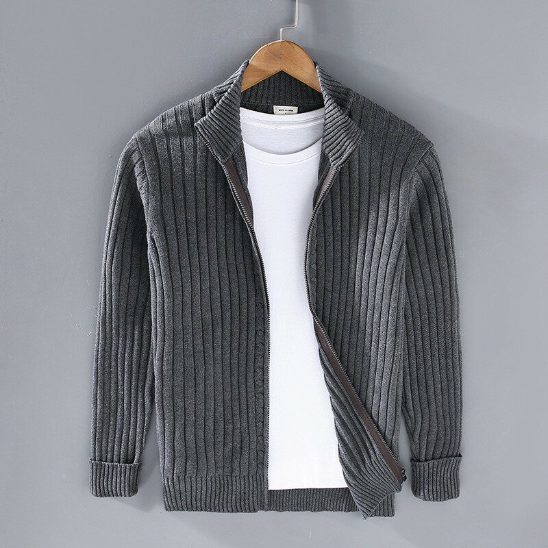 Autumn Winter New Men Cardigan Sweater Men's Stand Collar Zipper Cotton 100% Thickened Knit Solid Color High Street Clothes