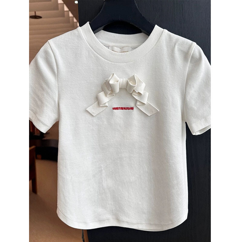 New Fashion Summer Comfortable White Bow Short-Sleeved T-shirt With Design Beach Travel Top Short Style Women's Wear