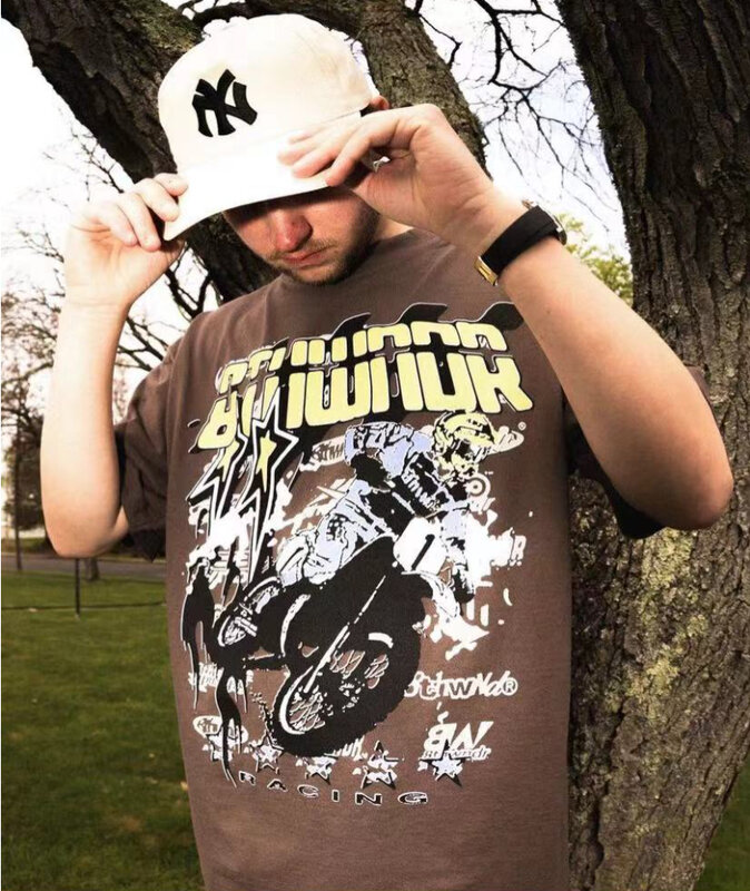 Y2K kaus hip-hop longgar, kaus kebesaran leher bulat, hip-hop lengan pendek, kaus huruf pola besar jalanan Amerika