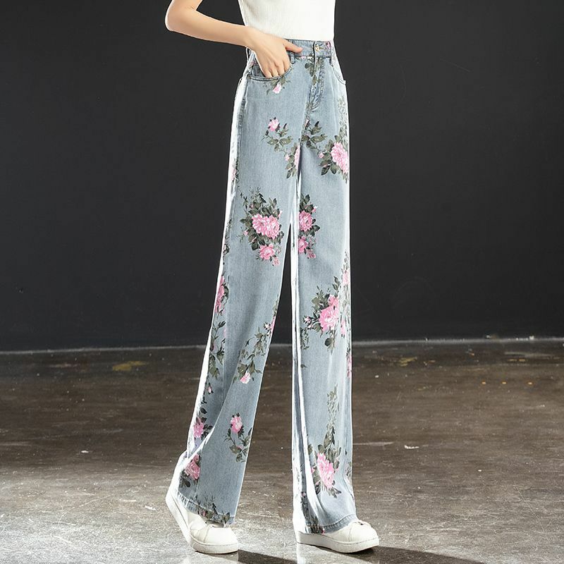 Letnie nowe modne uniwersalne obrazy dżinsy z szeroką nogawką kobiet z kwiatowym nadrukiem guziki kieszeń na suwak w stylu Casual, cienka luźne proste spodnie