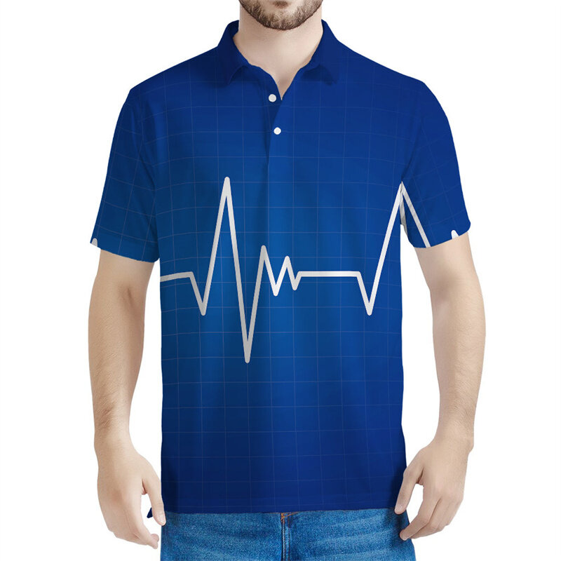 เสื้อโปโลแฟชั่นลายหัวใจเต้น3D สำหรับผู้ชายเสื้อโปโลแขนสั้นมีปกเสื้อทรงหลวมแนวสตรีทแบบคลื่นไฟฟ้าหัวใจ