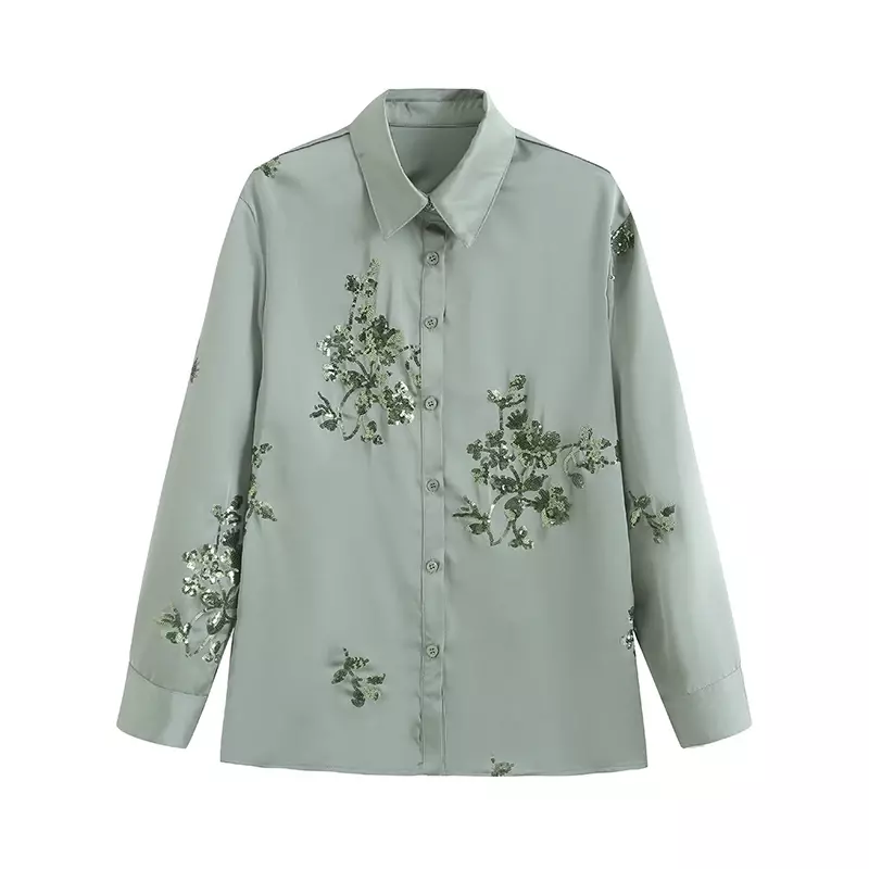 Blusa holgada con estampado de cuentas para mujer, camisa de manga larga con botones y textura satinada, Estilo Vintage, a la moda, novedad de 2023