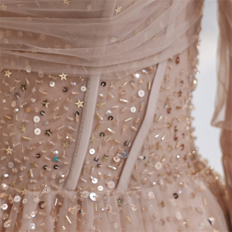 Женское официальное платье с открытыми плечами, телесного и розового цвета, украшенное бисером, блестками и длинным рукавом, 2023