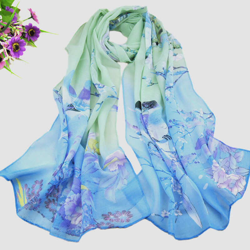 Bufanda de gasa de seda para mujer, Hijab largo con estampado de flor de Urraca fina, chal de primavera y verano, 160x50cm