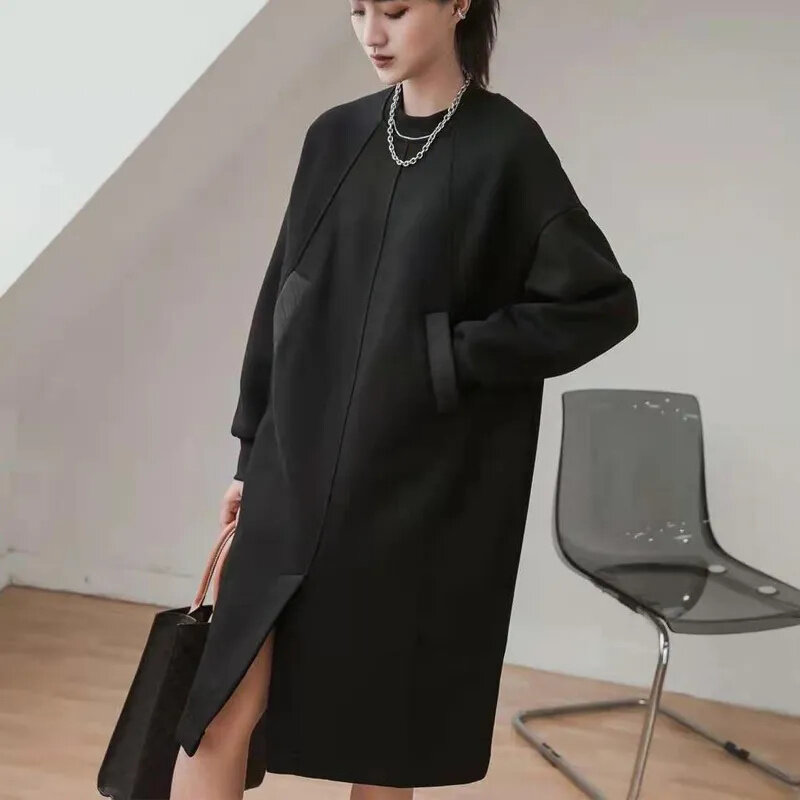 Модное черное платье-свитер для женщин, новинка 2024, длинные свитера, свободные топы больших размеров, верхняя одежда, пуловер на весну и осень, платья, пальто
