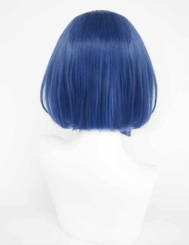 Wig wanita sintetis Wig Cosplay Anime pendek lurus biru Wig tahan panas untuk pesta sehari-hari