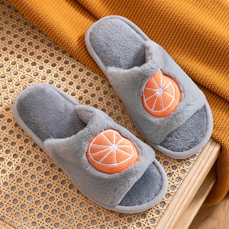 Fuzzy Plush Indoor Women Cotton Slippers Non-Slip Casual Winter Warm Cute Fruit Pattern Open Toe Soft Sole Home Shoes Female New