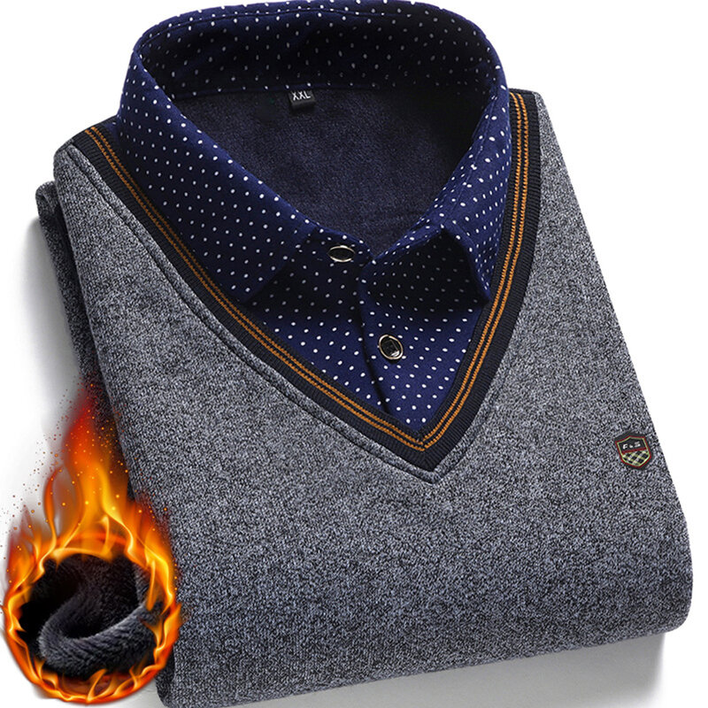 Nieuwe Stijlvolle Shirt Heren Heren Tops Herfst Winter Business Kraag Nep Twee Stukken Houden Warme Lange Mouw Bovenkleding