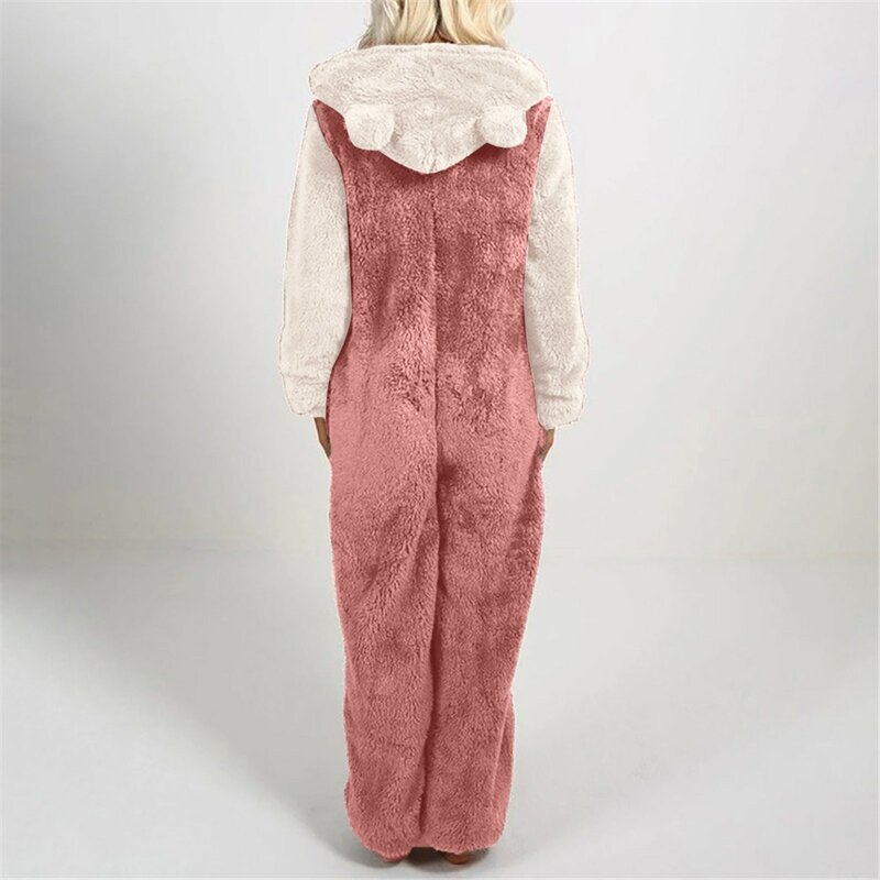 Artificial Wool One-Piece Pajamas Womens Winter Warm Long Sleeve Hooded Jumpsuit Flannel Zipper Pyjamas Homewear Nightgowns