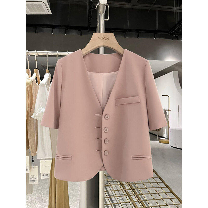 MEXZT Elegant Cropped Blazer Women Korean Pink Short Sleeve Suit Jacket Summer Ladies Fashion Simple Single Breasted Coat New