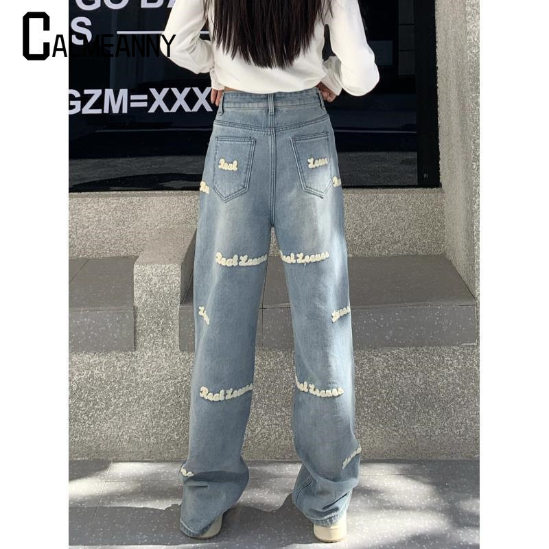 Корейские модные женские джинсы Y2K, вышитые джинсы с высокой талией, трендовые прямые мешковатые брюки с надписью, уличная одежда, джинсовые брюки