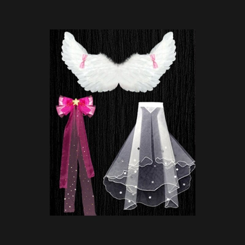 Kid Angel Wings Girls Fairy Wings with Tulle Trailing Veil Bowknot Princess Feather Wings Halloween Party Dress Up Prop