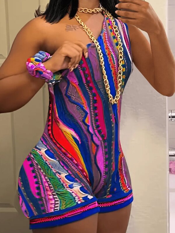 LW One Shoulder Tribal Mixed Print Romper summer sleeveless sexy shorts jumpsuit Multicolor Bodysuits one pieces jumpsuit