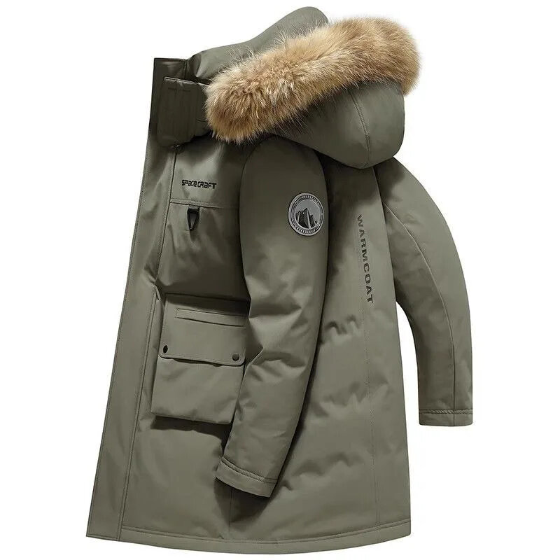 남성용 모피 칼라 중간 길이 파카 코트, 두껍고 따뜻한 코트, 야외 레저, 올매치 미국 작업복, 다운 재킷, 2024 겨울 신상